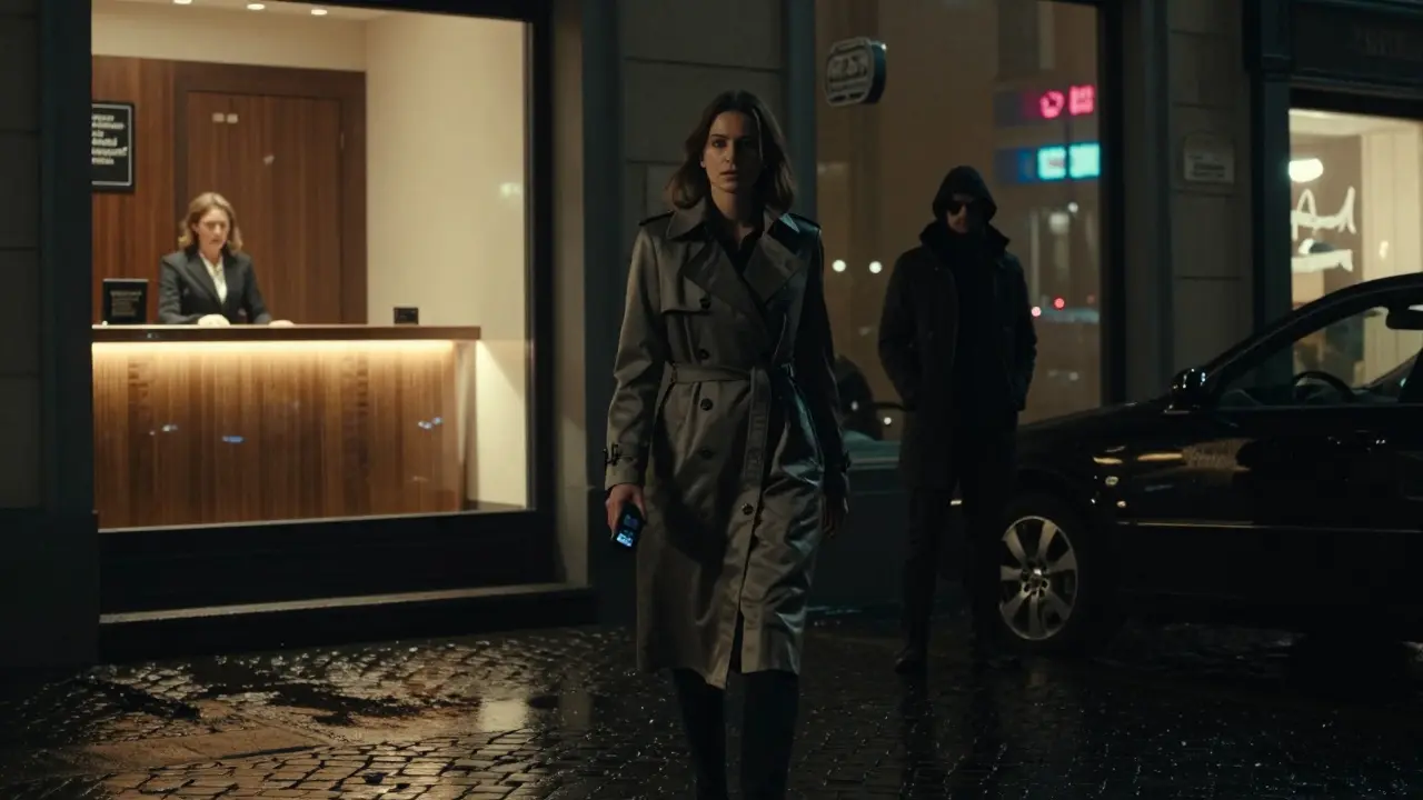 A woman walks alone at night in Brera, clutching a personal alarm, as a hotel clerk watches her suspiciously.