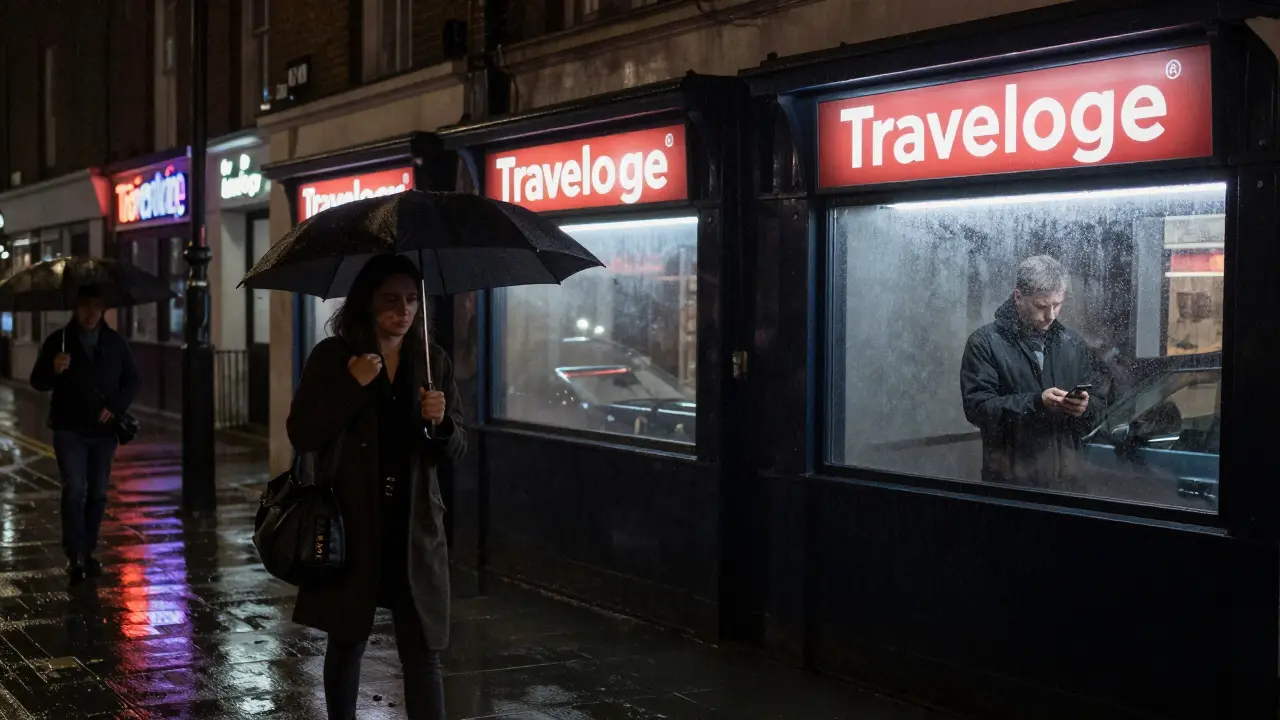 A woman walks alone under an umbrella past London hotel signs at night, while a man watches from a parked car in the rain.