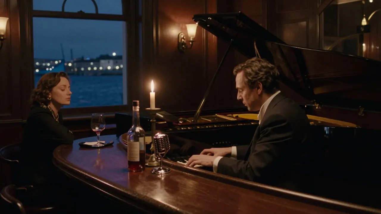 An intimate jazz bar at 3 a.m., an elderly pianist playing by candlelight as a guest listens in silence.