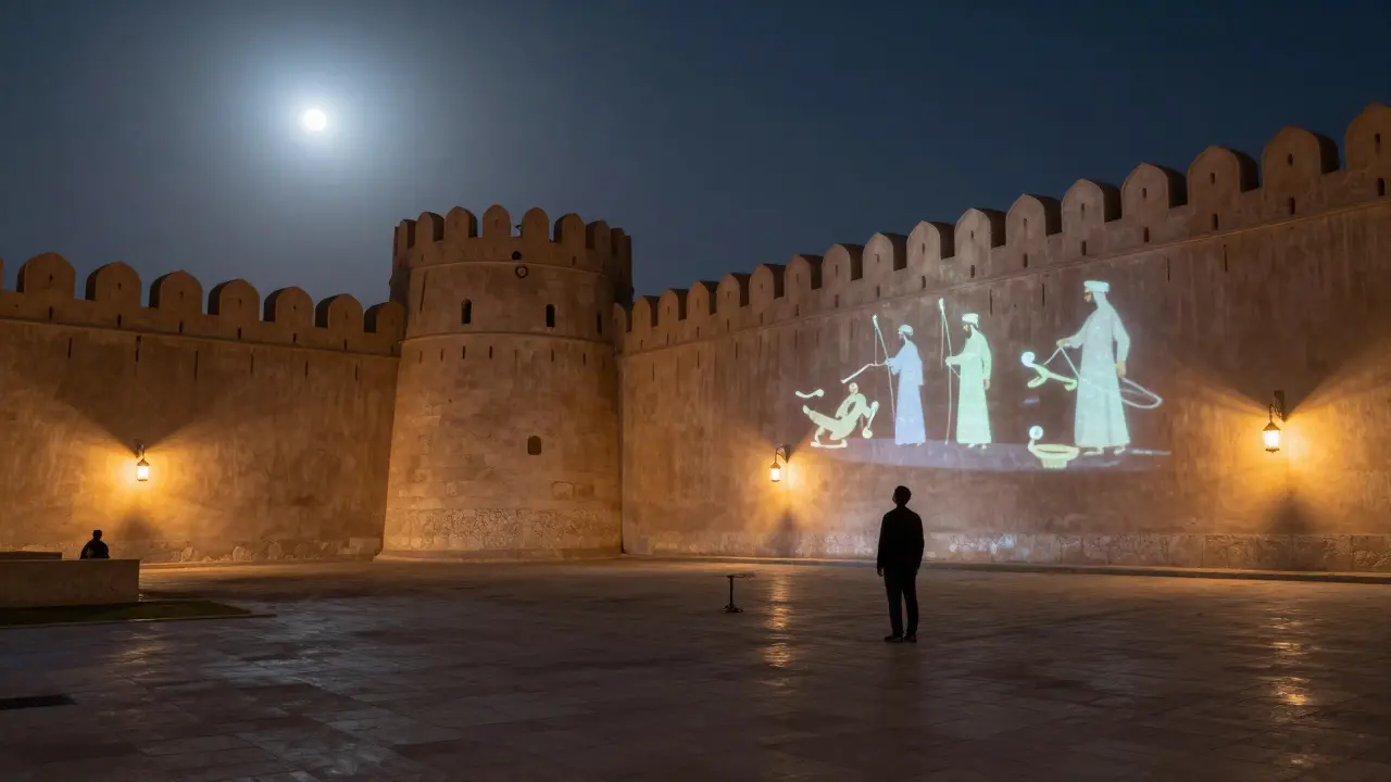 Ancient fort lit softly at night, moonlight casting shadows over empty courtyard.