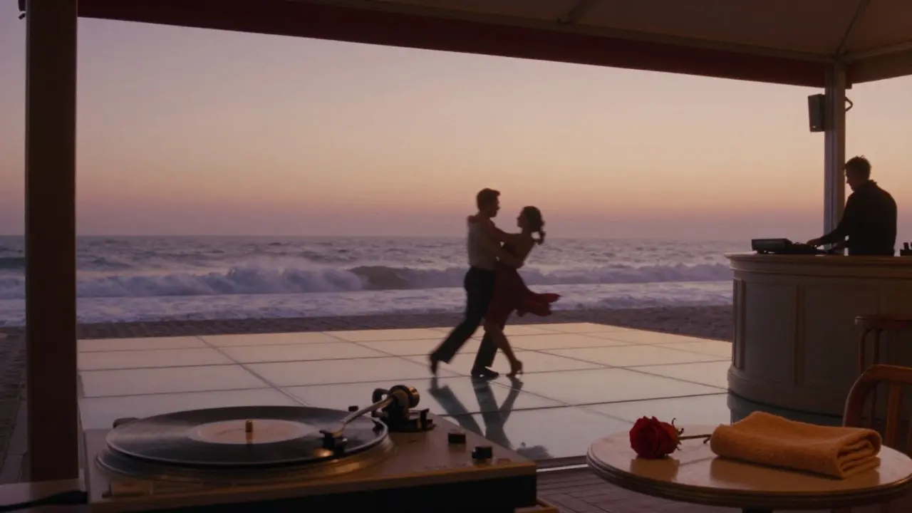 At dawn, a lone dancer moves at Café de Paris as waves crash behind glass walls, a rose and towel resting nearby.