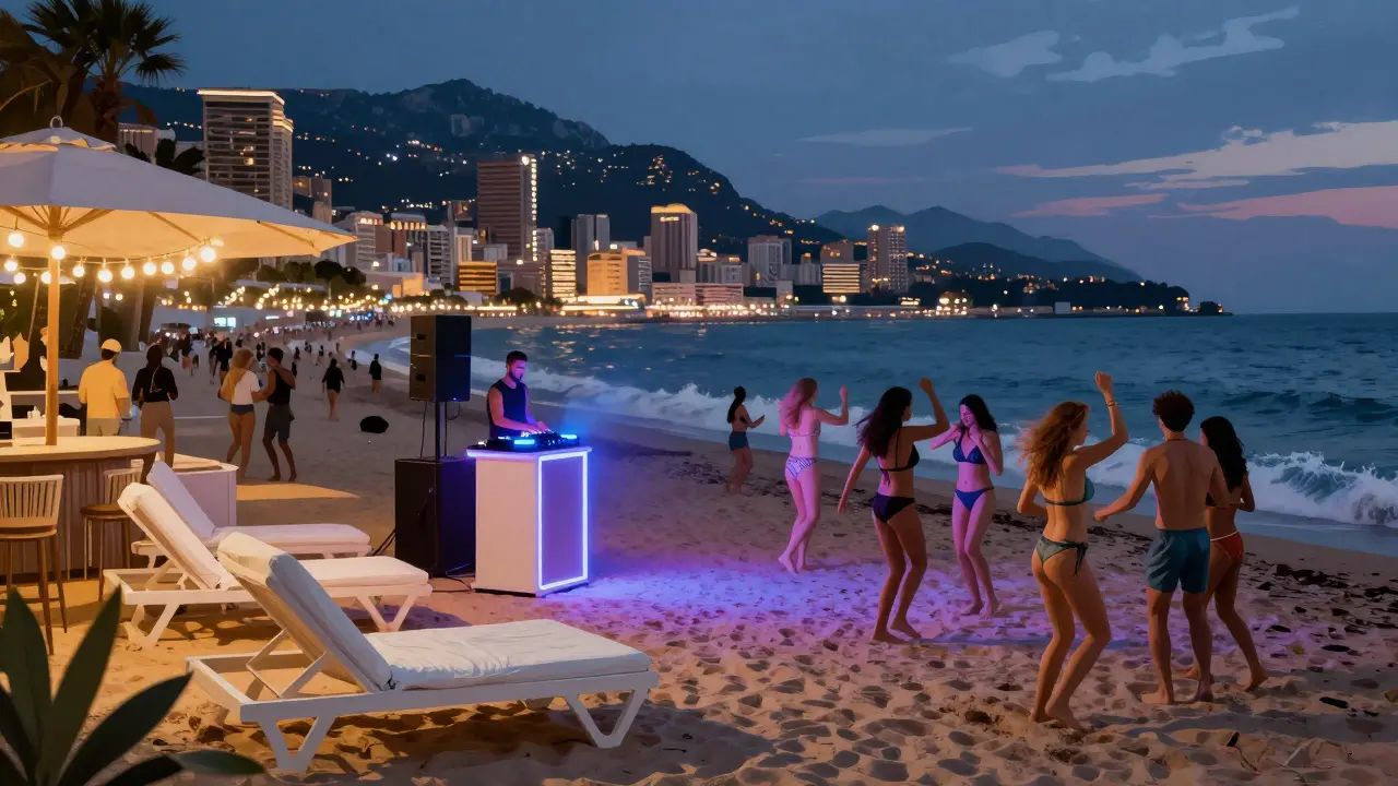Beach club at night with dancing crowd, neon lights, and ocean backdrop.
