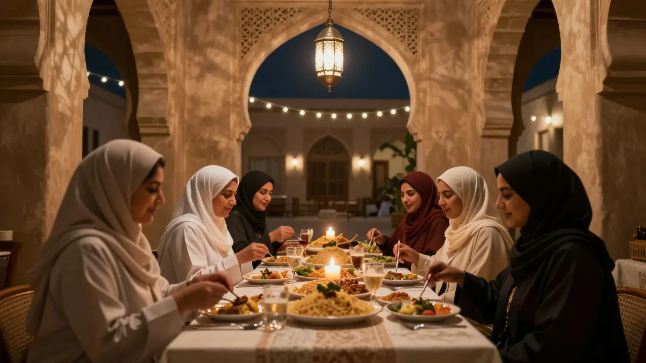 Candlelit courtyard dinner at Bait Al Banat, women sharing Emirati food under string lights and arches.