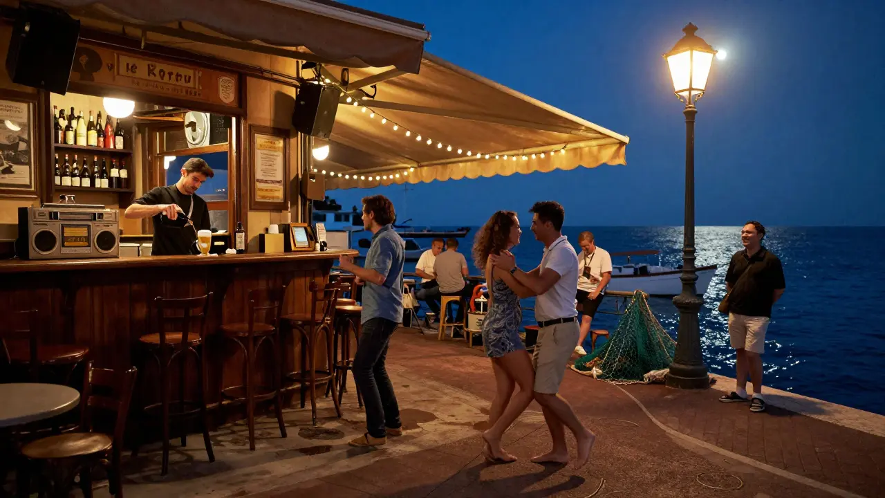 Contrasting local bars: cozy interior and lively dockside scene with sea views.