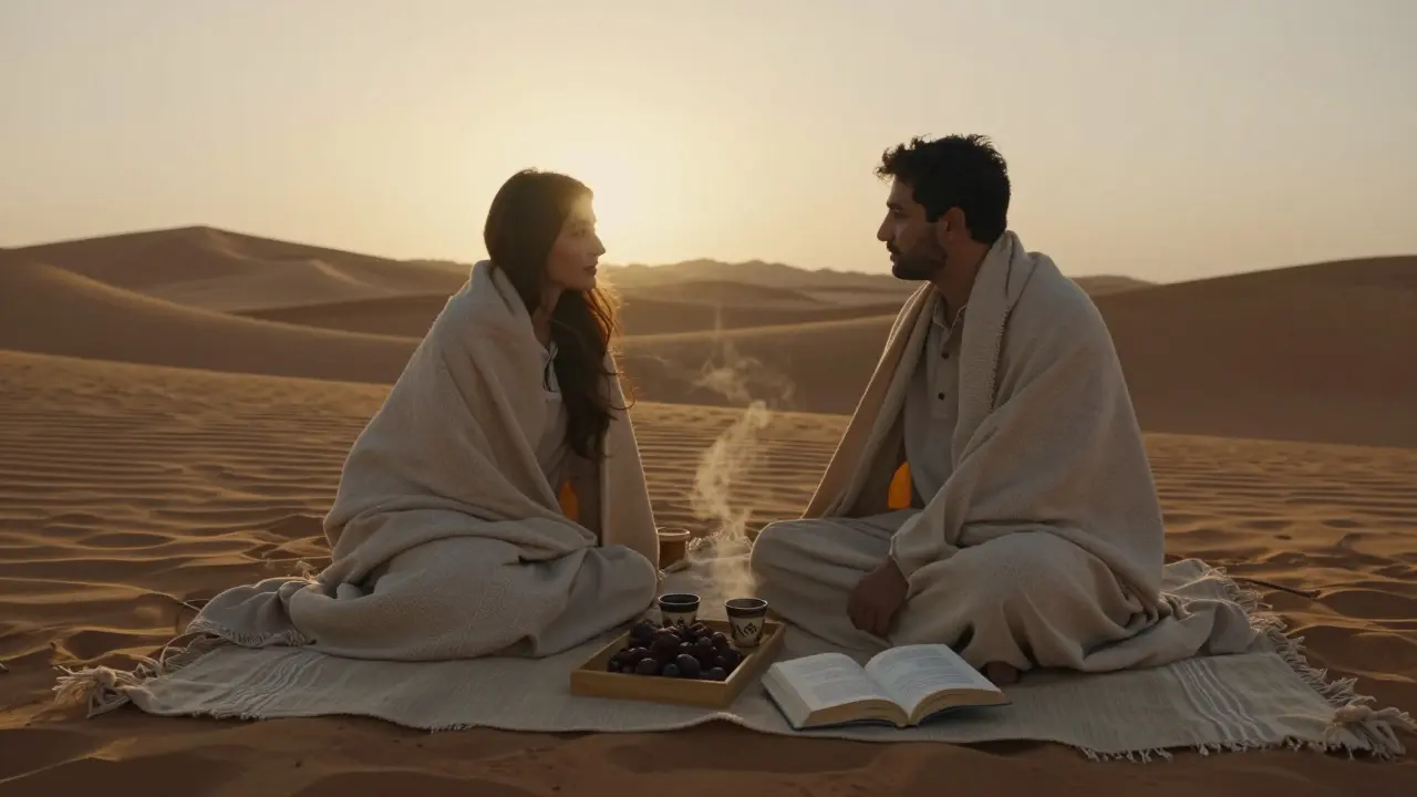Couple picnicking in the desert at golden hour, wrapped in blankets with dates and coffee beside them.