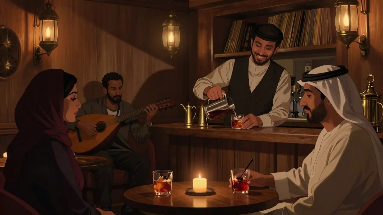 Cozy hidden lounge with warm lighting, a bartender serving a drink and an oud player performing softly.