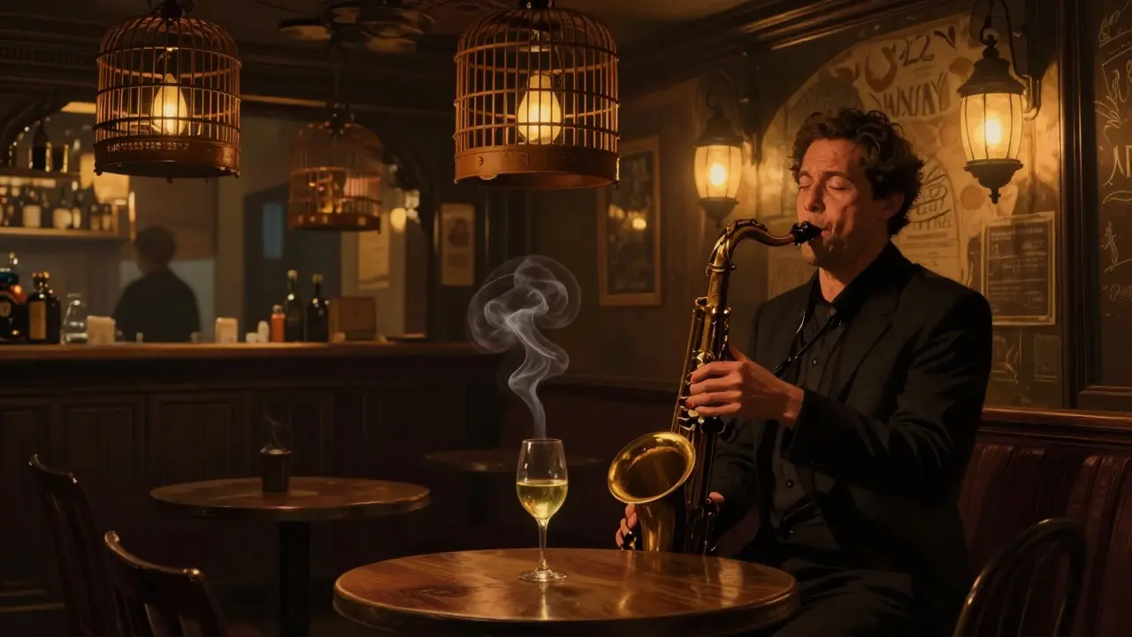 Cozy jazz basement with birdcages and musician playing under warm lantern light.