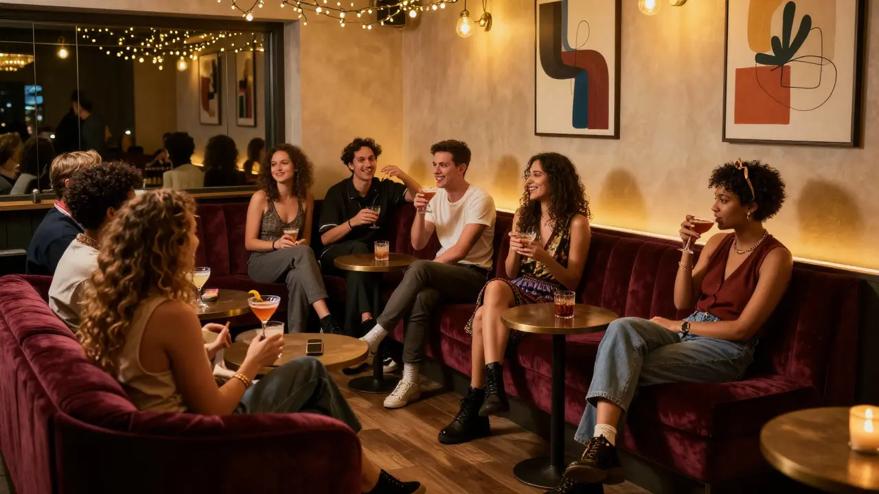 Cozy lounge at Le Klub with velvet couches and diverse patrons enjoying craft cocktails.