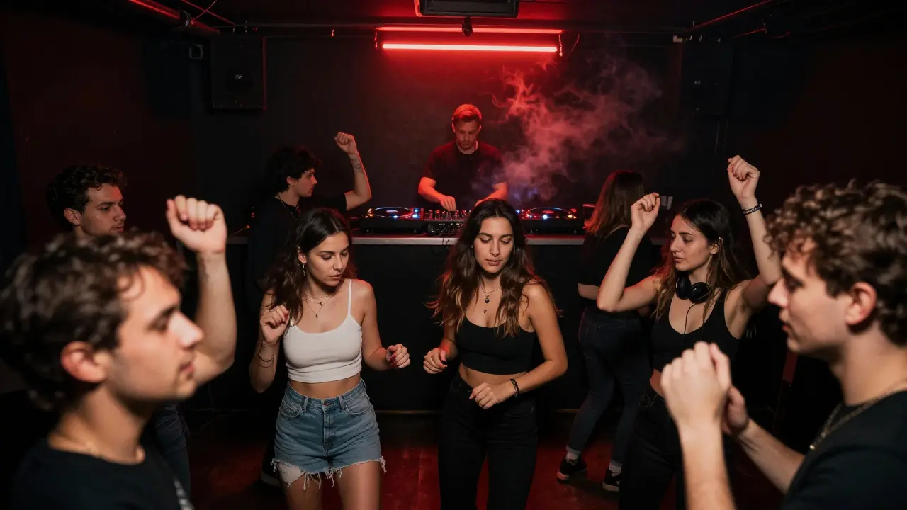 Crowd dancing in a dim red-lit underground techno club with black walls and smoke.