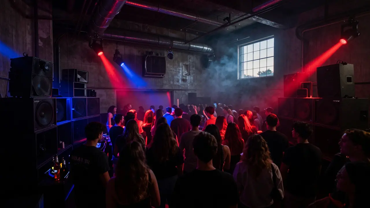 Crowd immersed in a techno club with intense lighting and sound equipment in a warehouse setting.
