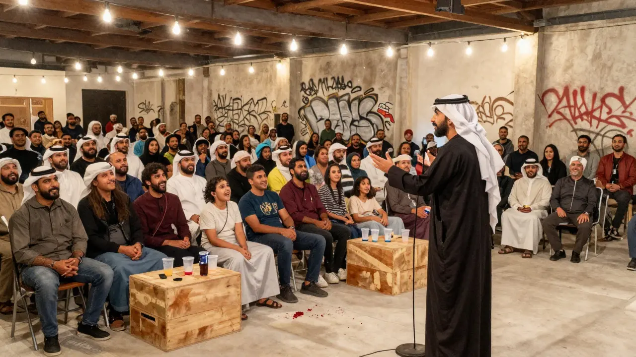 Crowd standing and laughing at an Arabic comedy night in a warehouse space with string lights overhead.
