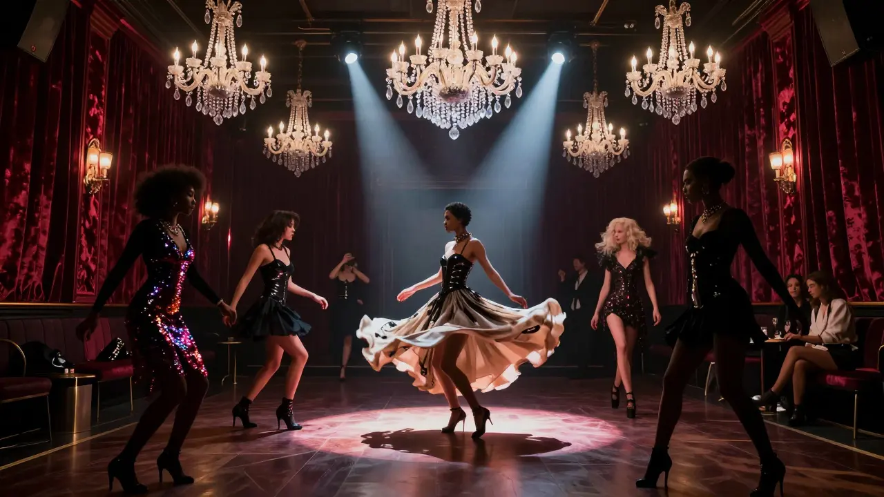 Dancers in sequins and avant-garde fashion moving under crystal chandeliers at The Box Soho.