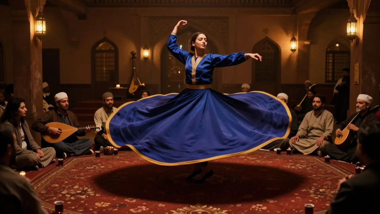 Dervish whirling in a quiet venue under lantern light during a traditional performance.