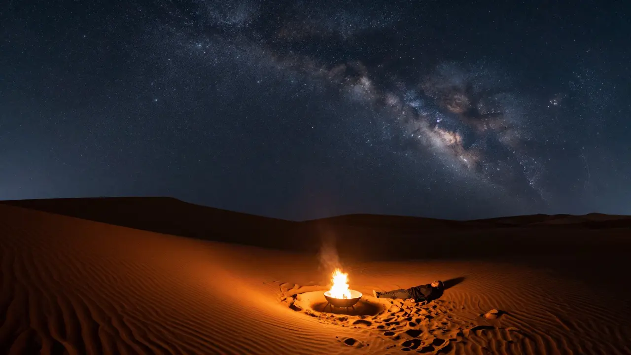 Desert night under the Milky Way, a single fire pit glowing on dunes, no people, only stars and silence.