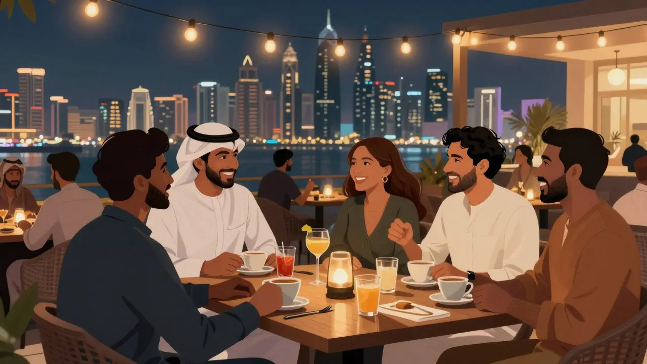 Diverse group of people socializing at a rooftop lounge in Abu Dhabi, sharing conversation and drinks.