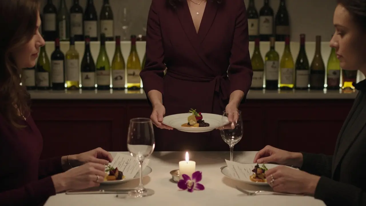 Elegant private dinner with candlelight, handwritten menu, and untouched wine bottle in a hidden Parisian kitchen.