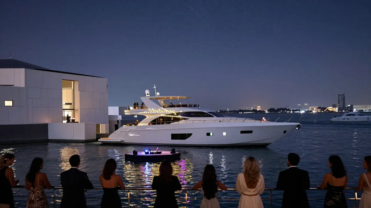 Elegant white yacht floating at night with fairy lights, passing iconic buildings under a starry sky.