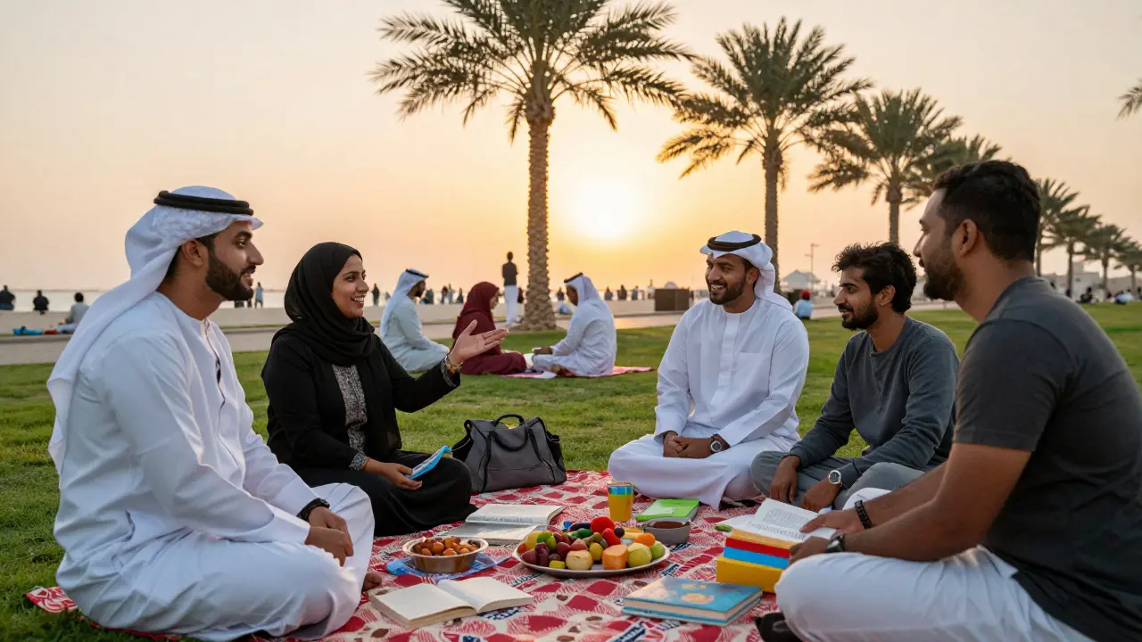 Expats and locals enjoying a sunset picnic on Abu Dhabi's Corniche, building genuine connections.