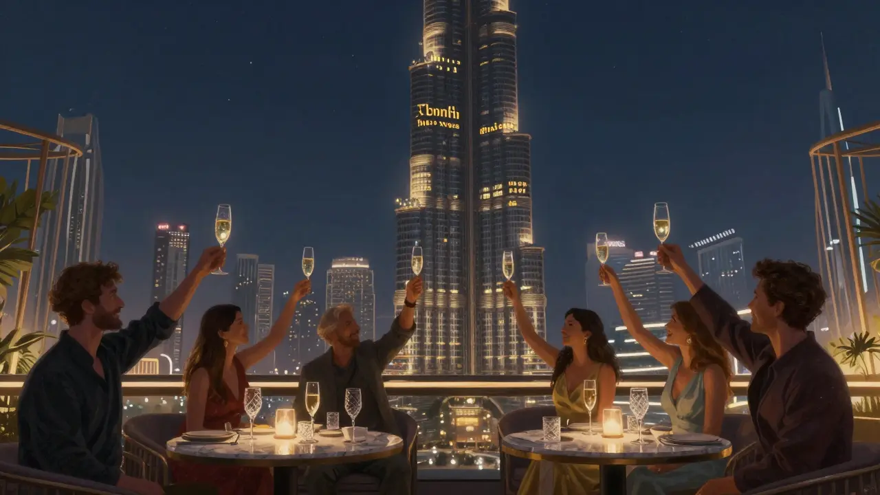 Group toasting as their names are projected onto the Burj Khalifa from a rooftop bar.