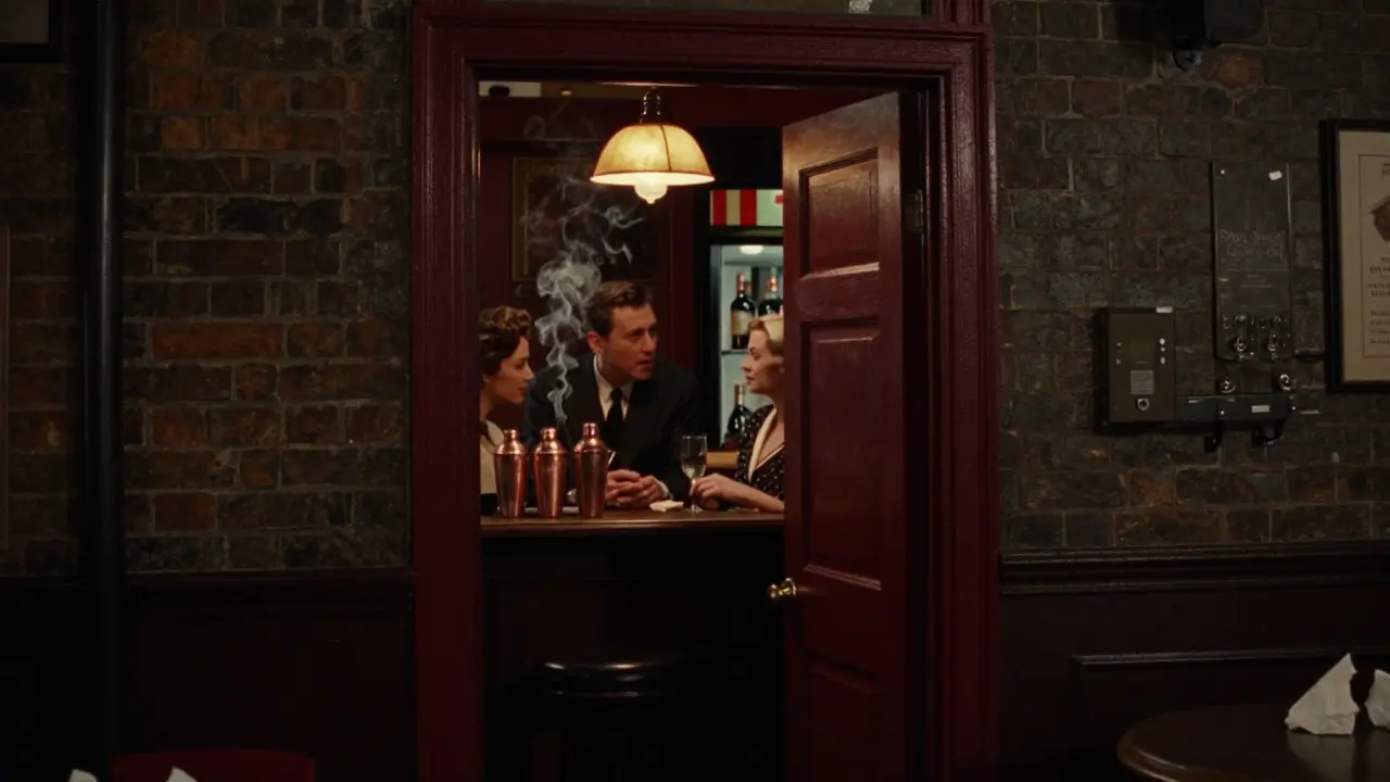 Hidden speakeasy behind a curry house, patrons enjoying handcrafted cocktails in dim light.