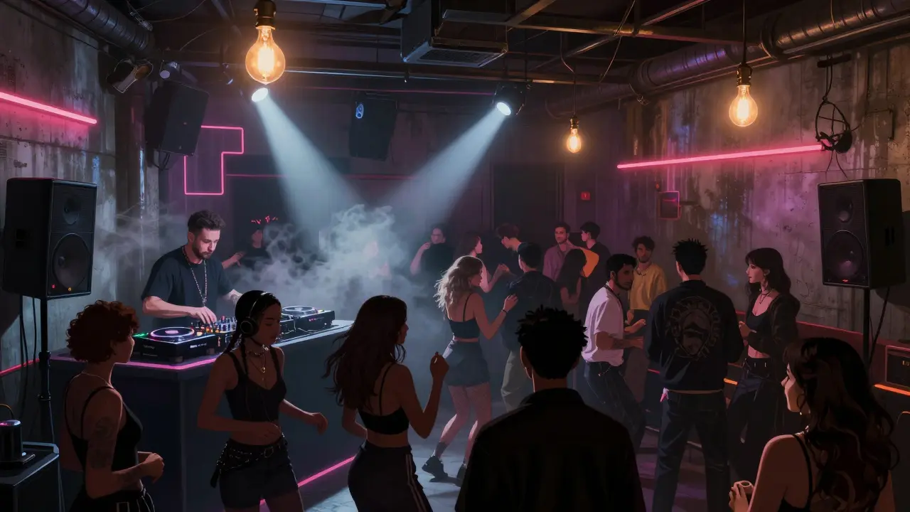 Industrial nightclub interior with dancers under strobe lights, DJ spinning techno, smoky atmosphere.