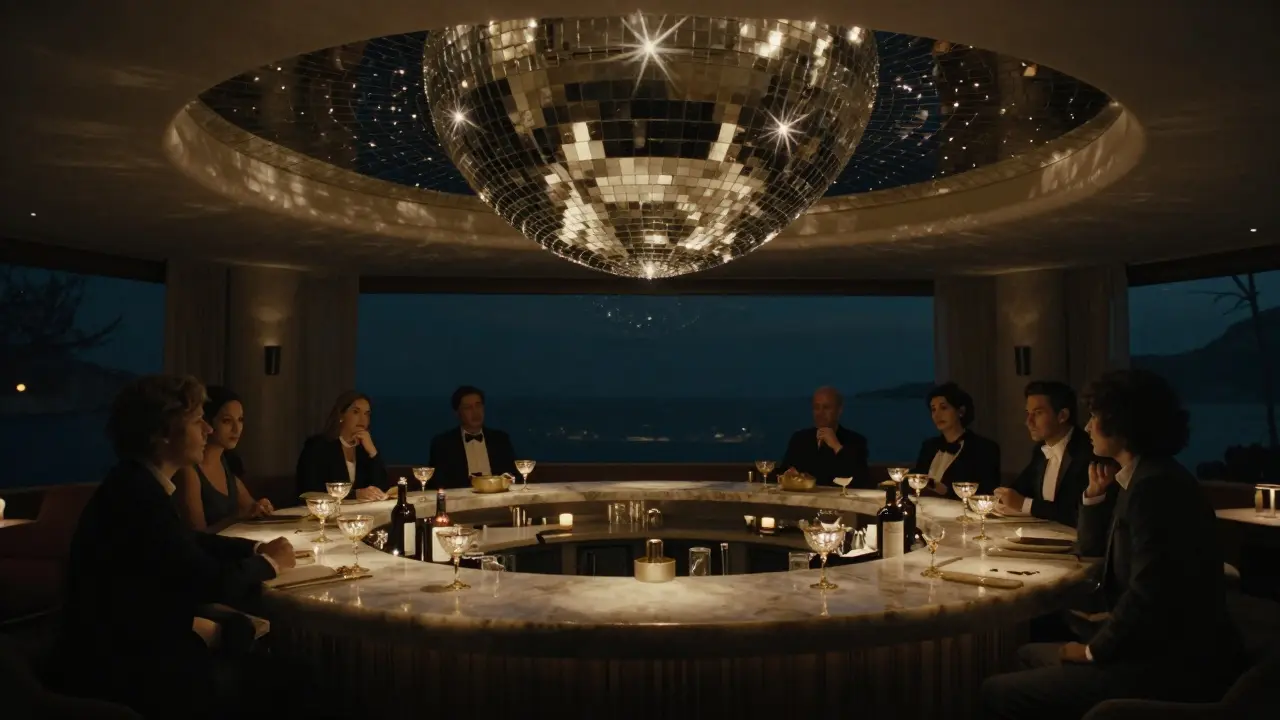Inside Opal Club, a circular onyx bar glows under a starry rotating ceiling, surrounded by shadowy, elegant guests.