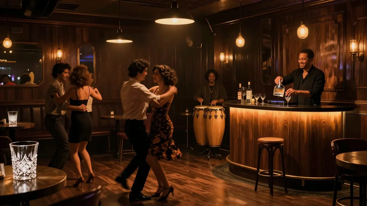 Inside Platine club, patrons dance under warm lights as a live percussionist plays beside a DJ, cocktails glisten on the bar.