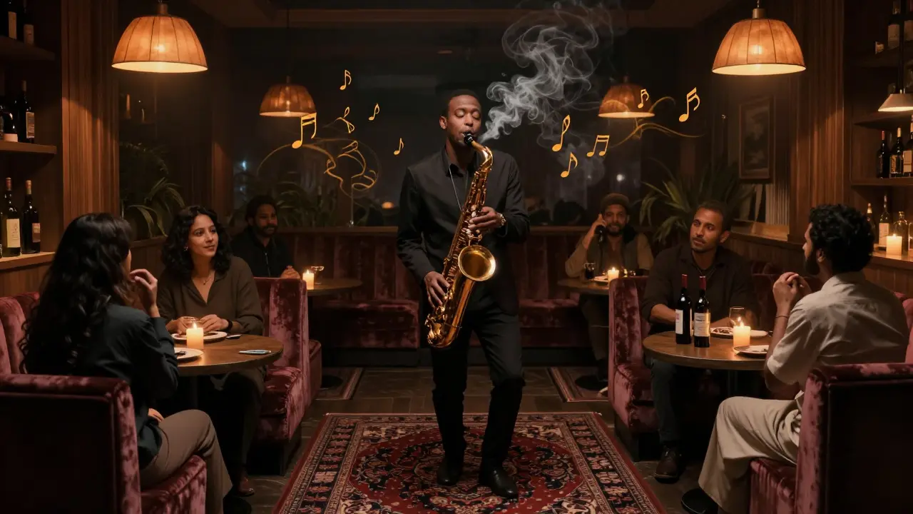 Intimate jazz lounge with saxophonist playing under warm, dim lighting.