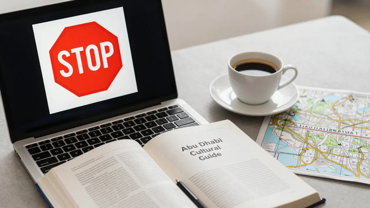 Laptop with a blocked escort ad beside a cultural guidebook and coffee, representing safe alternatives.