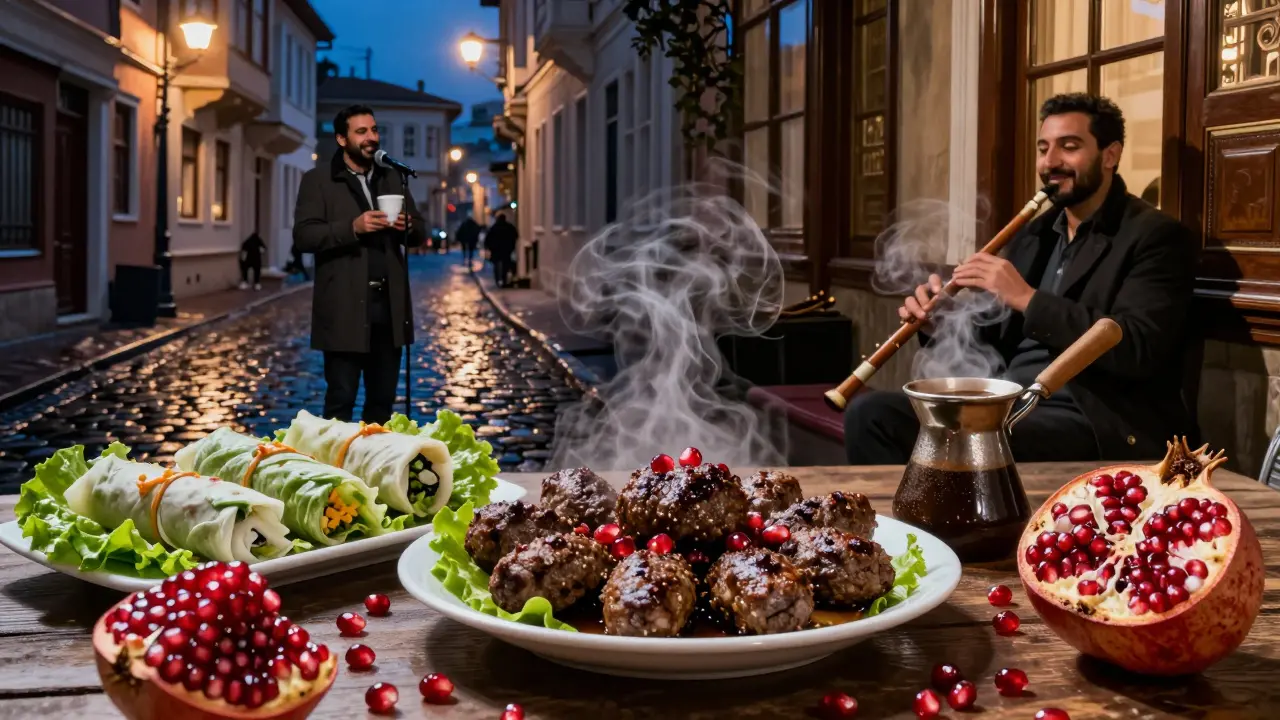 Late-night meal of lamb kofte and coffee in Kadıköy, with steam rising and streetlights glowing outside.