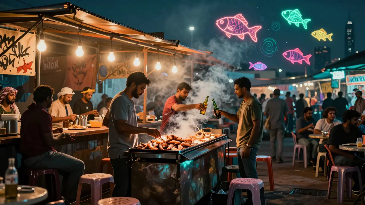 Late-night seafood bar with grilled prawns, plastic stools, and glowing lights as Arabic pop music swirls in the air.
