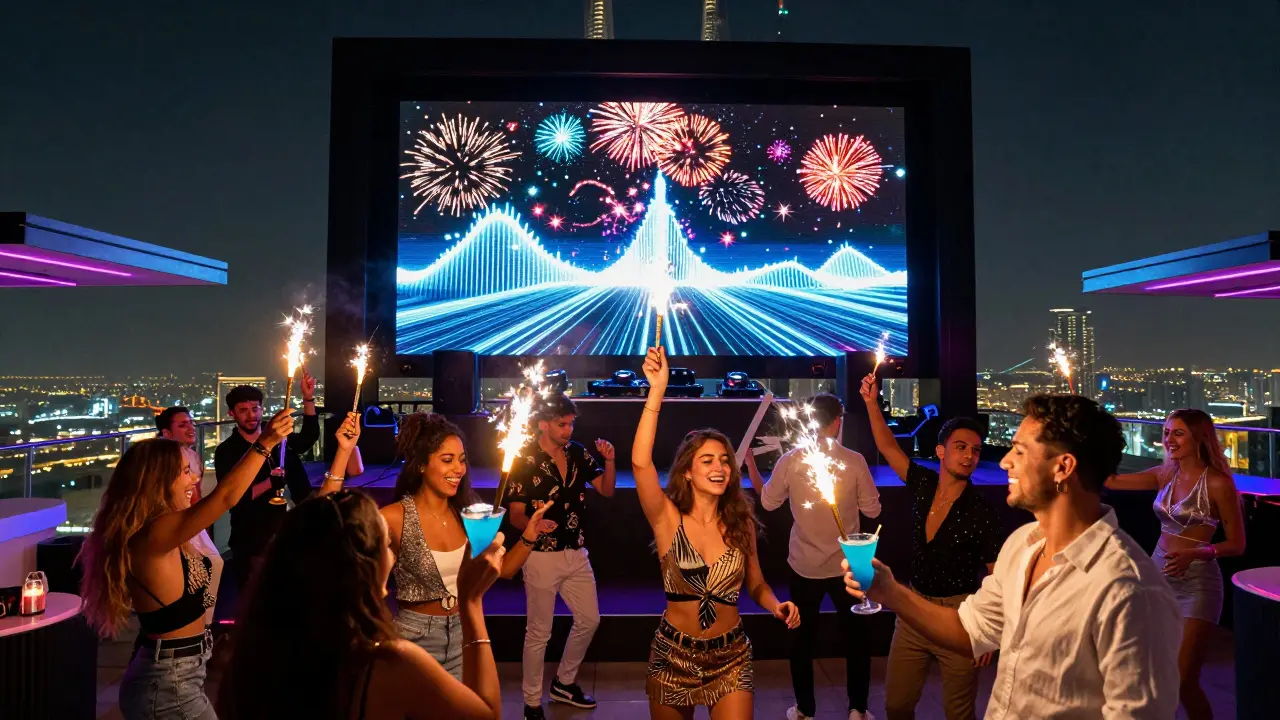 Lively rooftop party with glowing drinks, LED visuals, and a vibrant crowd under the stars.