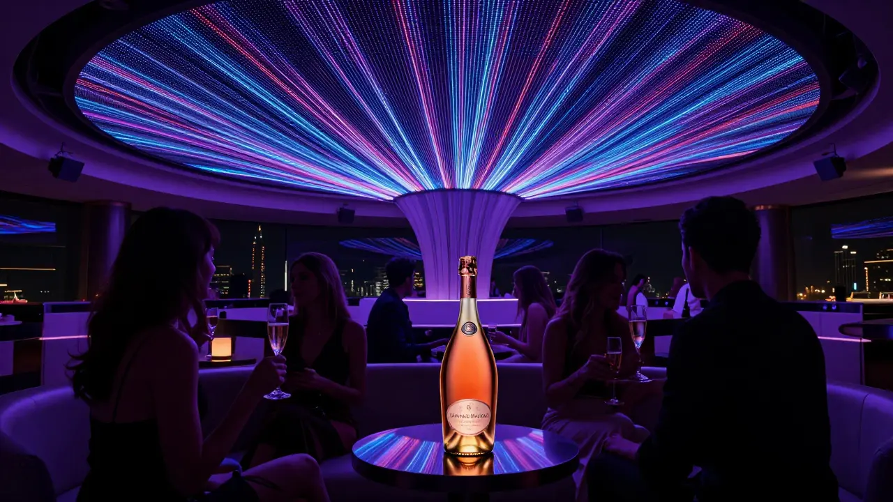 Luxury nightclub with glowing LED ceiling and VIP guests sipping champagne in silhouette.