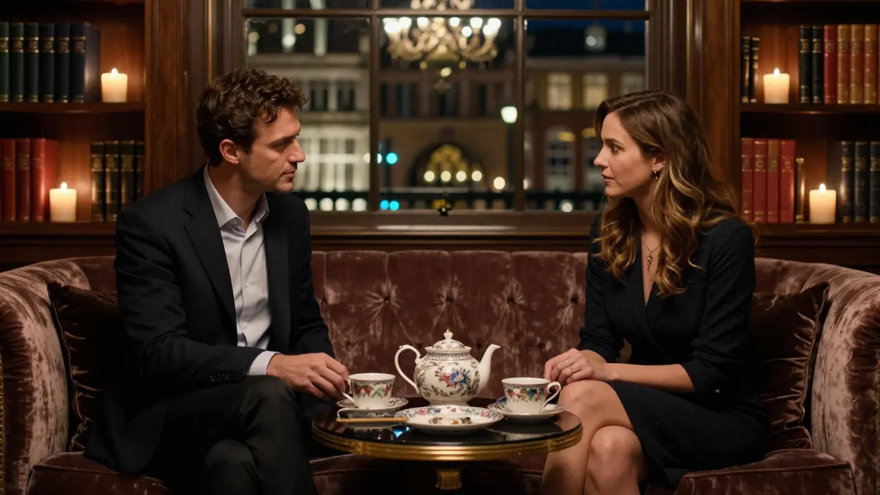Man and woman having quiet conversation in a luxury hotel suite, candlelight, intimate but respectful.