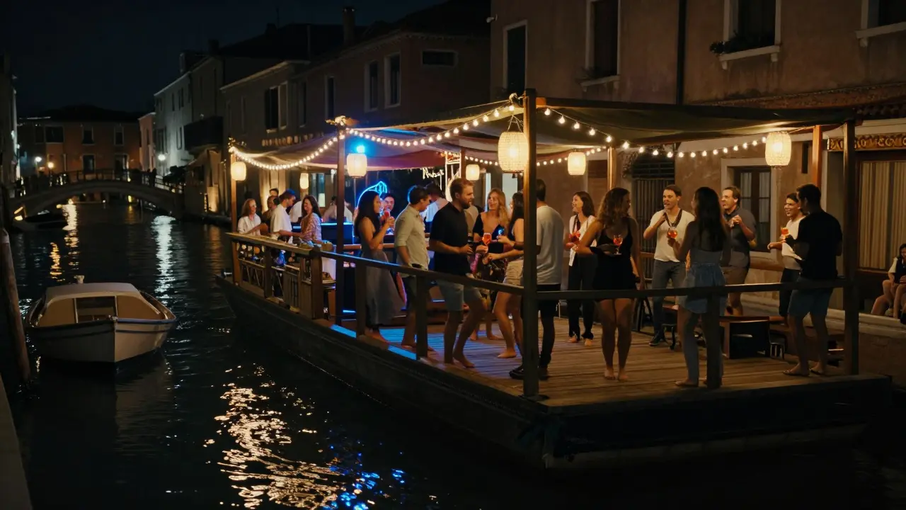 People dancing on a floating bar along Navigli canals with string lights and boats in the background.