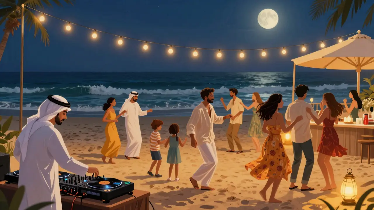 People dancing on a sandy beach at night under string lights, ocean waves in the background, relaxed yet lively vibe.