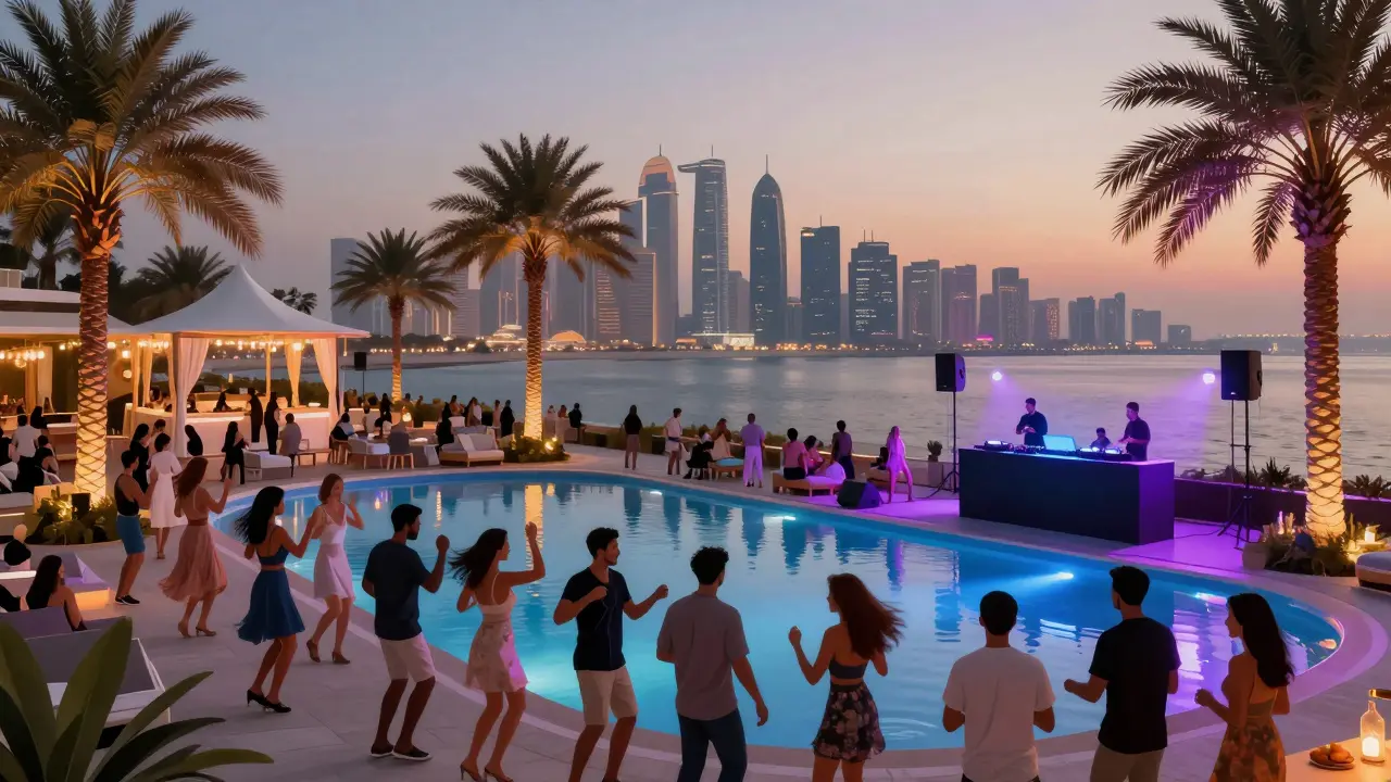 Poolside party at Yas Island’s Marina Beach Club with dancers under neon palms and glowing DJ booth.