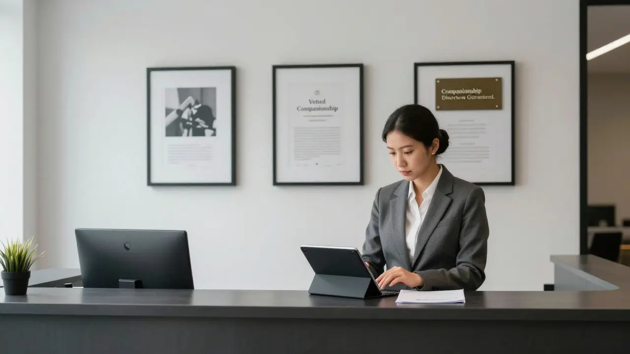 Professional agency office in Belgravia with credentials and minimalist design, emphasizing discretion.