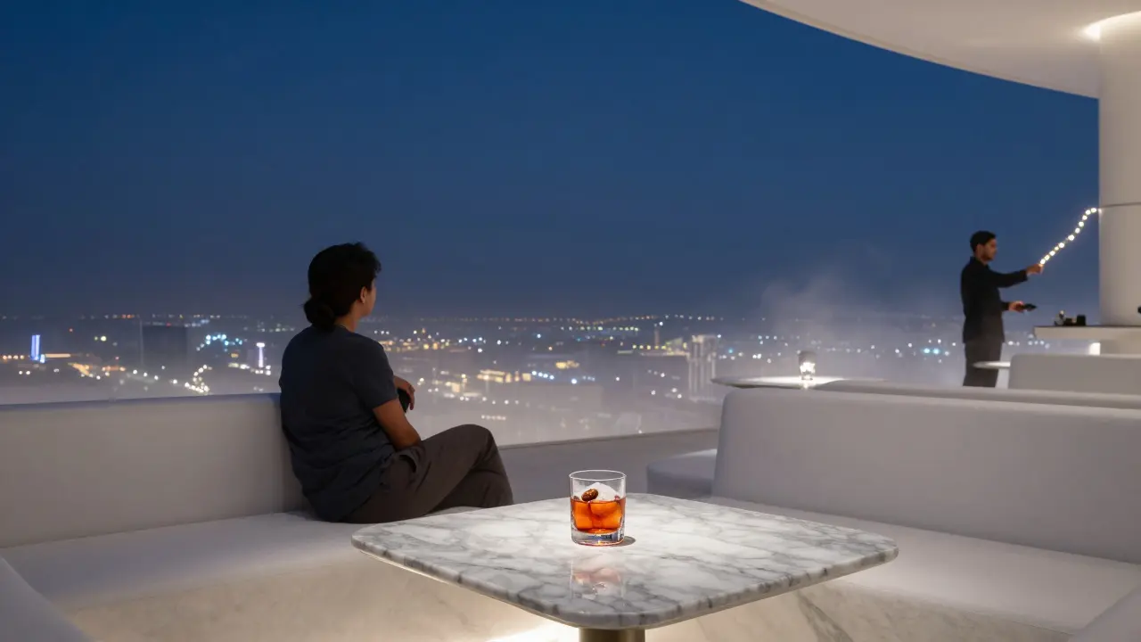 Quiet luxury rooftop at twilight with a solitary guest overlooking Abu Dhabi’s glowing skyline.