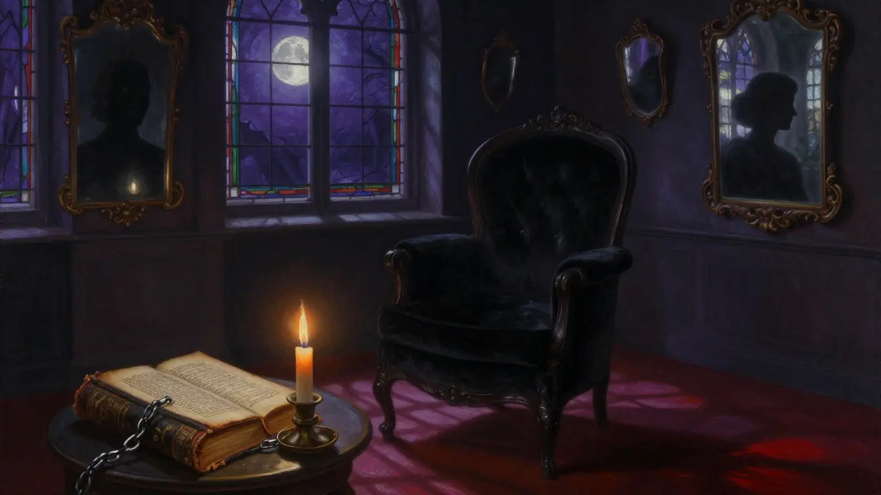 Quiet occult reading room with a chained book, burning candle, and distorted mirrors in a Paris café.