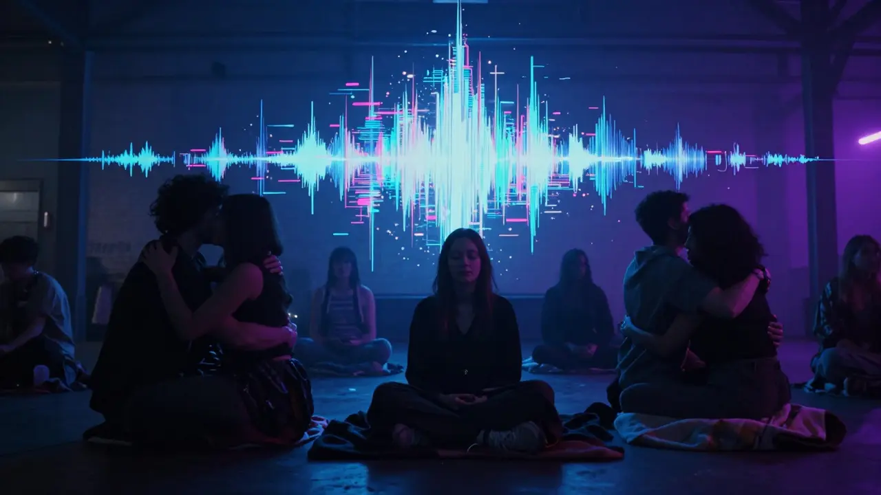 Quiet rave with people hugging in soft blue light, no phones, only peaceful connection in a warehouse.