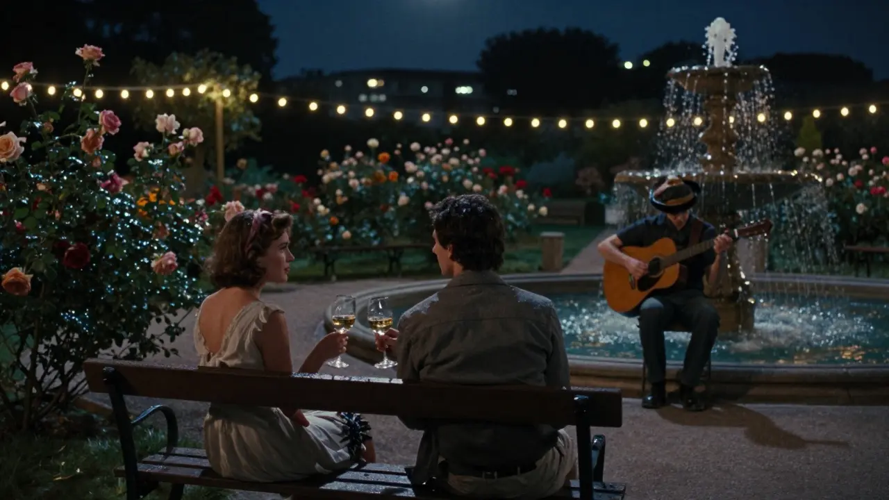 Quiet rose garden at midnight with couple on bench under soft string lights.