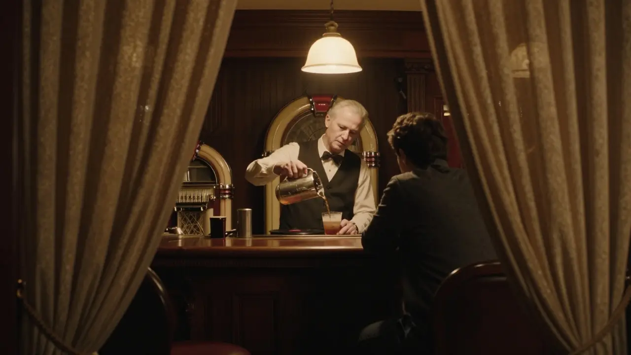 Quiet speakeasy behind a curtain with bartender pouring a drink by lamplight.