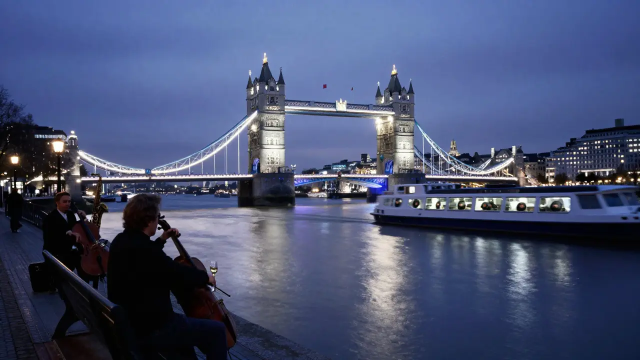 River Thames at midnight, reflections of city lights and a lone figure on a bench.