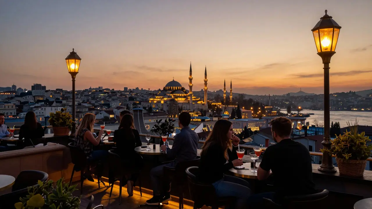 Rooftop bar with guests overlooking the Bosphorus and Blue Mosque at sunset.
