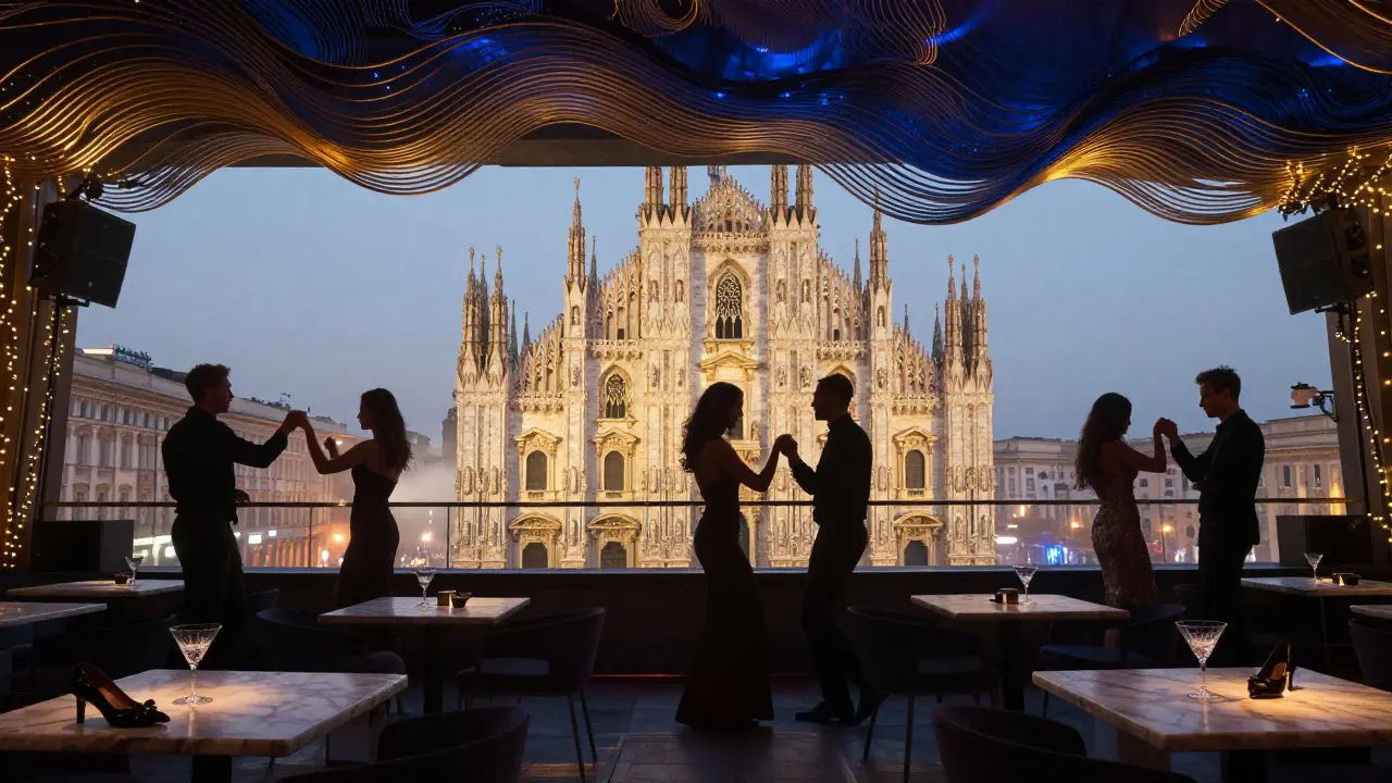 Rooftop club at dawn with Duomo in background, elegantly dressed guests dancing under string lights.