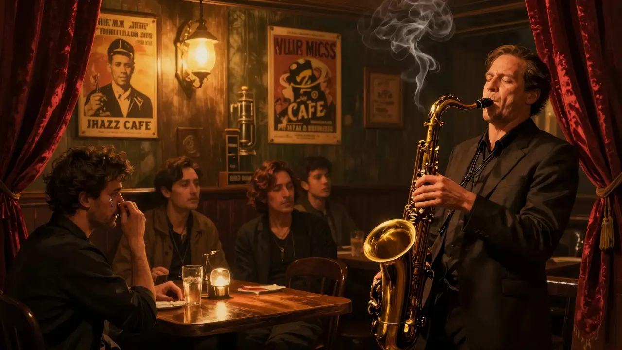 Saxophonist playing in dim, intimate lighting at The Jazz Cafe as audience listens in silence.