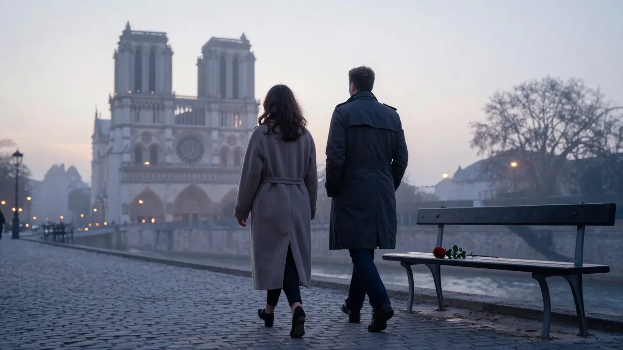 Silent walk along the Seine at sunset, couple in coats, a single rose left on a bench.