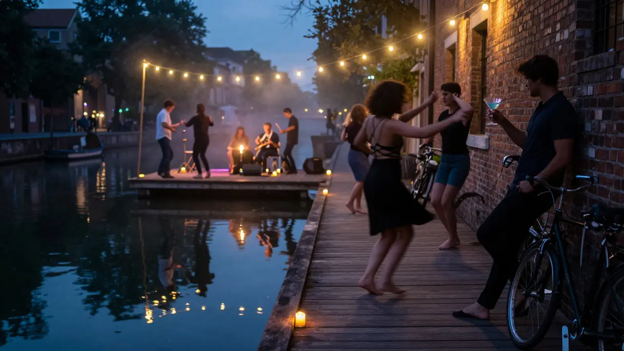 Silhouettes dancing by the Navigli canal at night, reflections of string lights shimmering on the water.