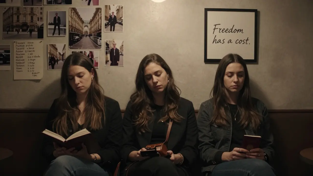 Three women sit quietly in a hidden lounge, each holding symbols of their past and future — journal, accessory, passport.